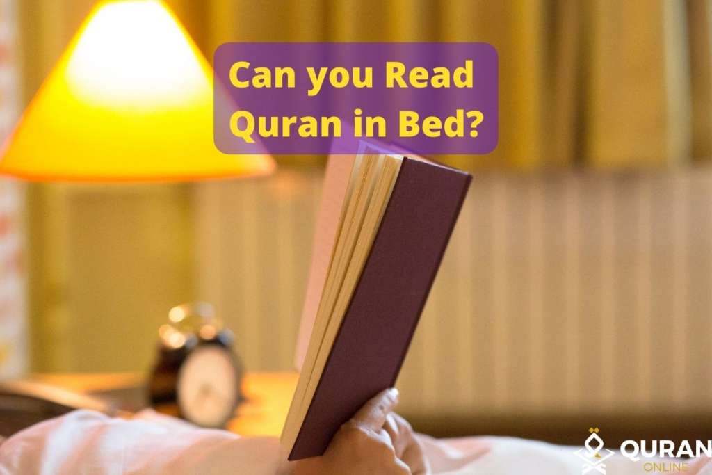 Woman reading quran on bed to show can we read quran while sitting in bed